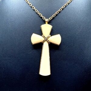 Vintage Avon Cross Pendant, Ivory White Lucite, Gold Tone Metal Accents & Chain